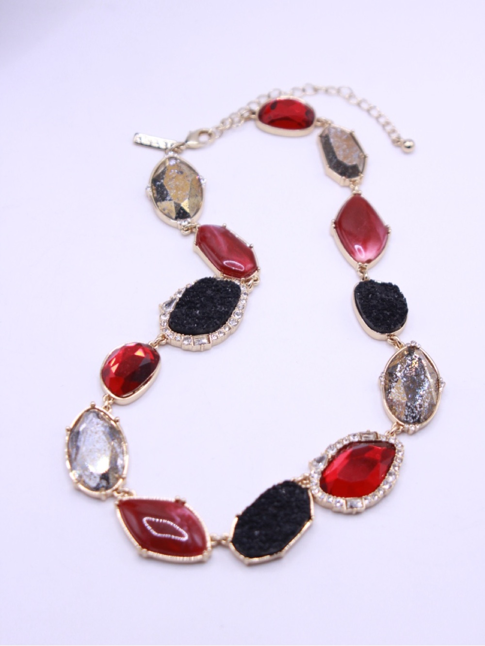 Elegant Multicolor Statement Necklace - Red, Black Druzy & Gold tone accents